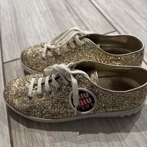 Miu Miu Sneakers Gold Glitter Wedge Flat Athletic Shoes 36.5 Lace Up Trainers